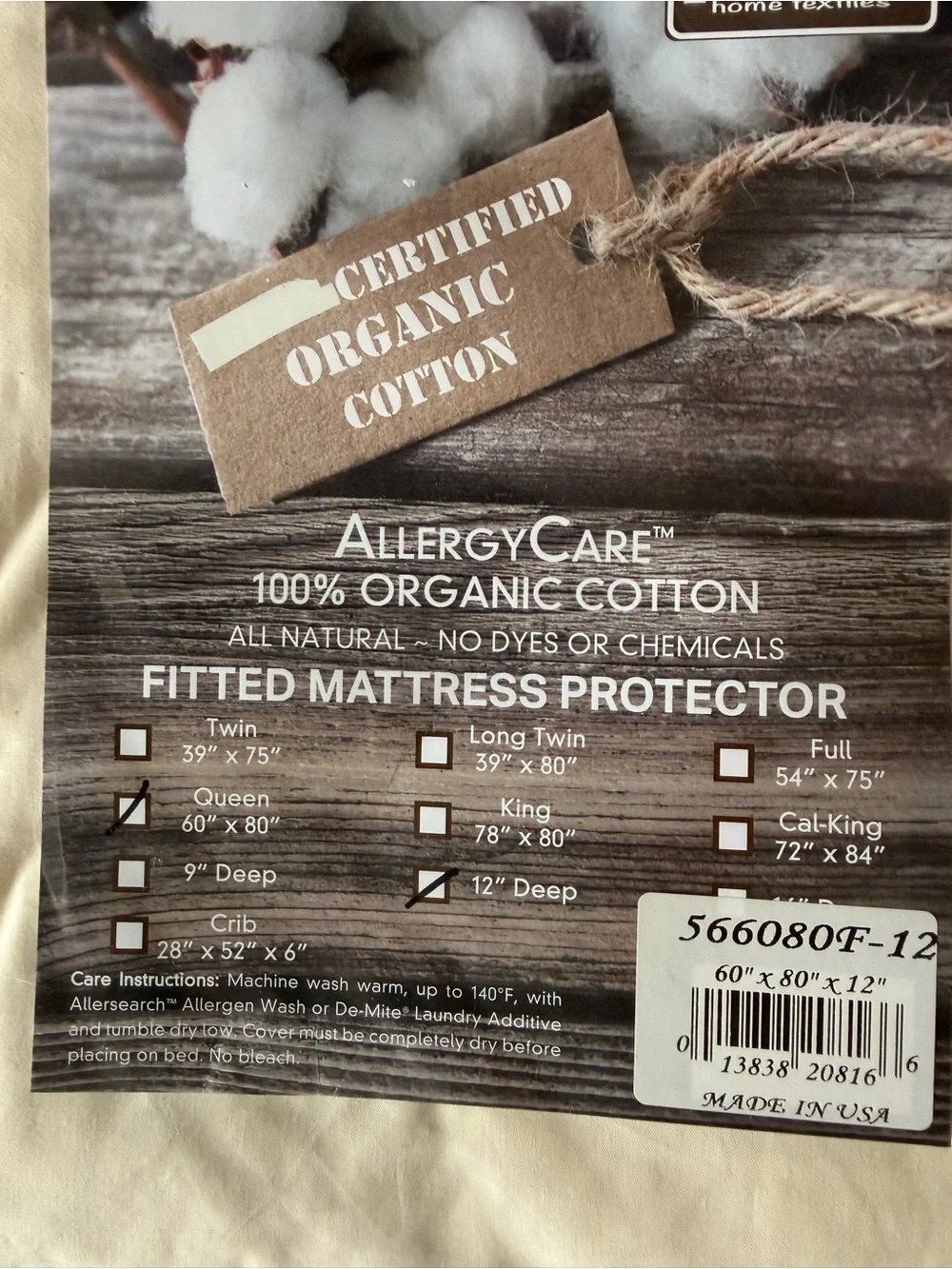 ALLERGY CARE 100% ORGANIC COTTON QUEEN FITTED MATTRESS PROTECTOR  QUEEN